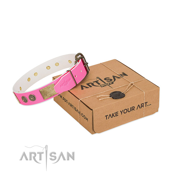 Rust-proof fittings on genuine leather dog collar for fancy walking