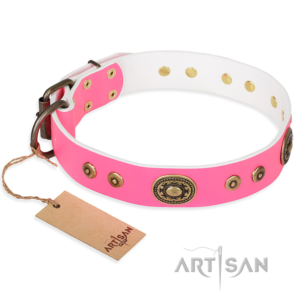 Natural genuine leather dog collar made of soft material with reliable D-ring