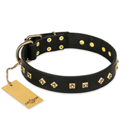 "Rhomb Style" FDT Artisan Decorated Leather Doberman Collar with Old Bronze-Plated Studs 1 1/2 inch (40 mm) Wide