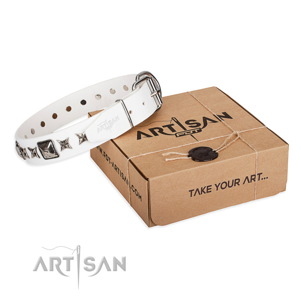 Basic training natural leather dog collar with decorations