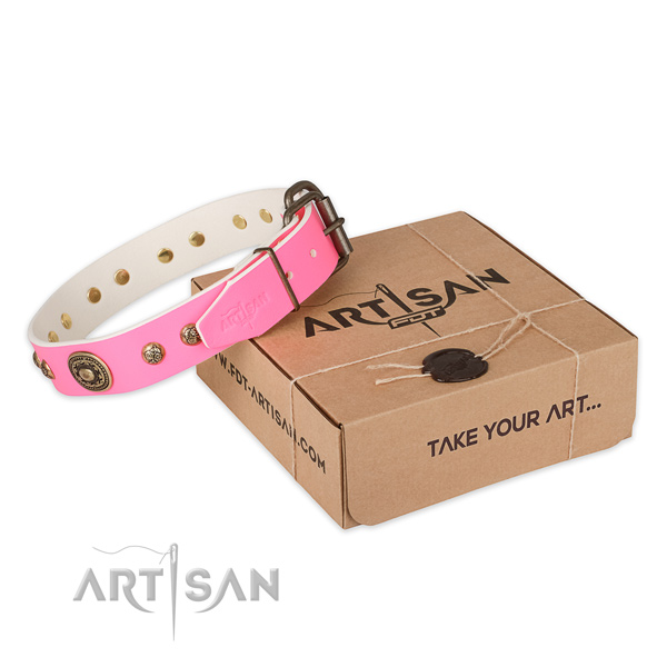 Corrosion resistant fittings on natural genuine leather dog collar for basic training