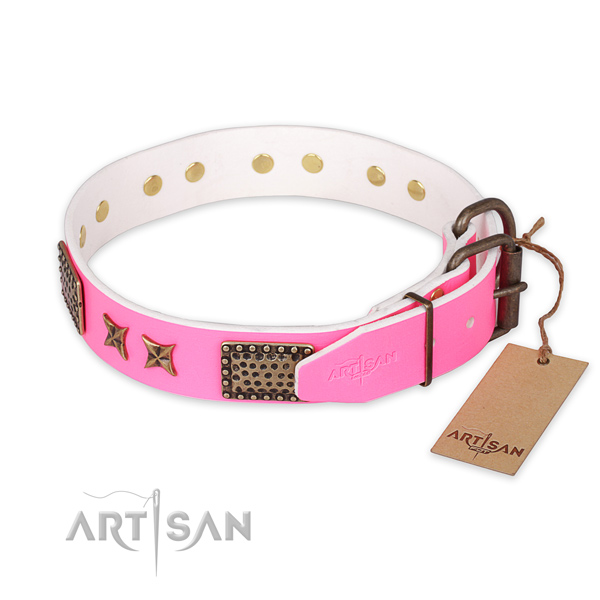 Strong hardware on natural genuine leather collar for your attractive doggie