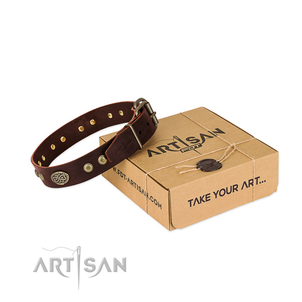 Strong traditional buckle on full grain natural leather dog collar for your four-legged friend