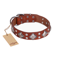 "Magic Squares" FDT Artisan Tan Leather Doberman Collar with Silver-like Decor