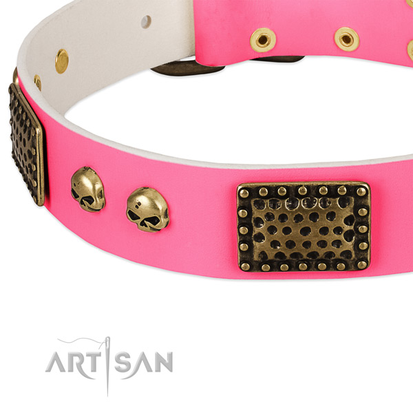 Corrosion proof adornments on full grain leather dog collar for your four-legged friend
