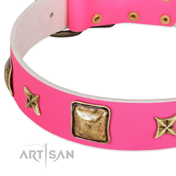 Full grain genuine leather dog collar with significant adornments