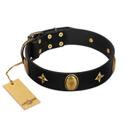 "Star Powder" FDT Artisan Black Leather Doberman Collar with Ovals and Stars - 1 1/2 inch Wide