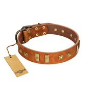 "Sand of Time" FDT Artisan Tan Leather Doberman Collar with Old Bronze-like Studs and Plates