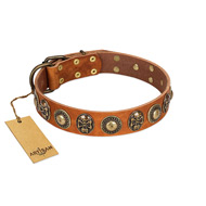 "Golden Epoch" FDT Artisan Tan Leather Doberman Collar with Old Bronze-plated Medallions and Conchos