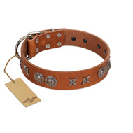 "Splendid Armor" Premium Quality FDT Artisan Tan Designer Doberman Collar with Shields and Stars