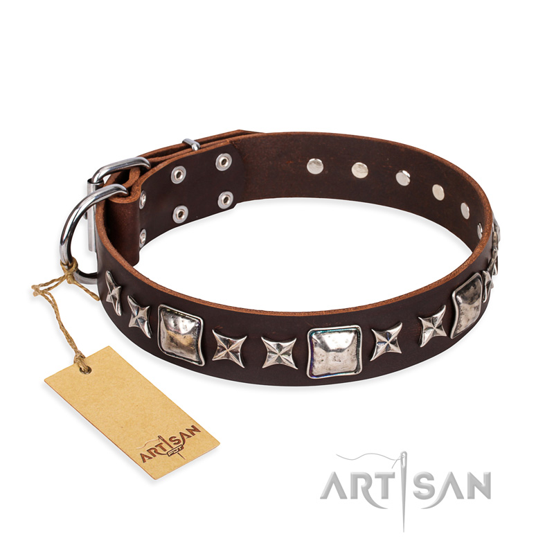 'Perfect Impression' FDT Artisan Doberman Brown Leather Dog Collar with Silvery Square Studs - 1 1/2 inch (40 mm) Wide