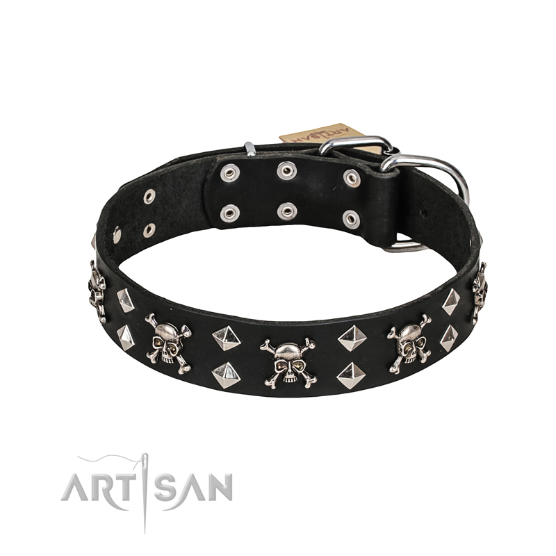 FDT Artisan 'Rock 'n' Roll Style' Fancy Leather Doberman Collar with Skulls, Bones and Studs 1 1/2 inch (40 mm) wide