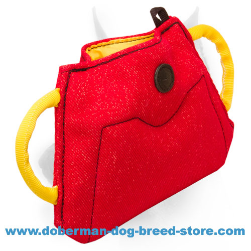 Doberman Puppy and Young Dog Bite Builder of Strong French Linen Material