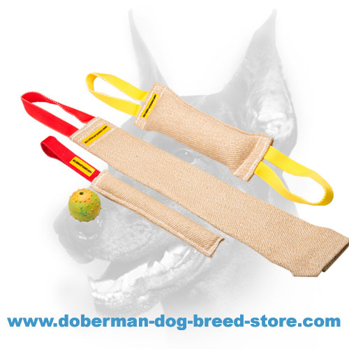 Doberman Puppy Training Set of three Strong Jute Tugs and FREE Dog Rubber Ball