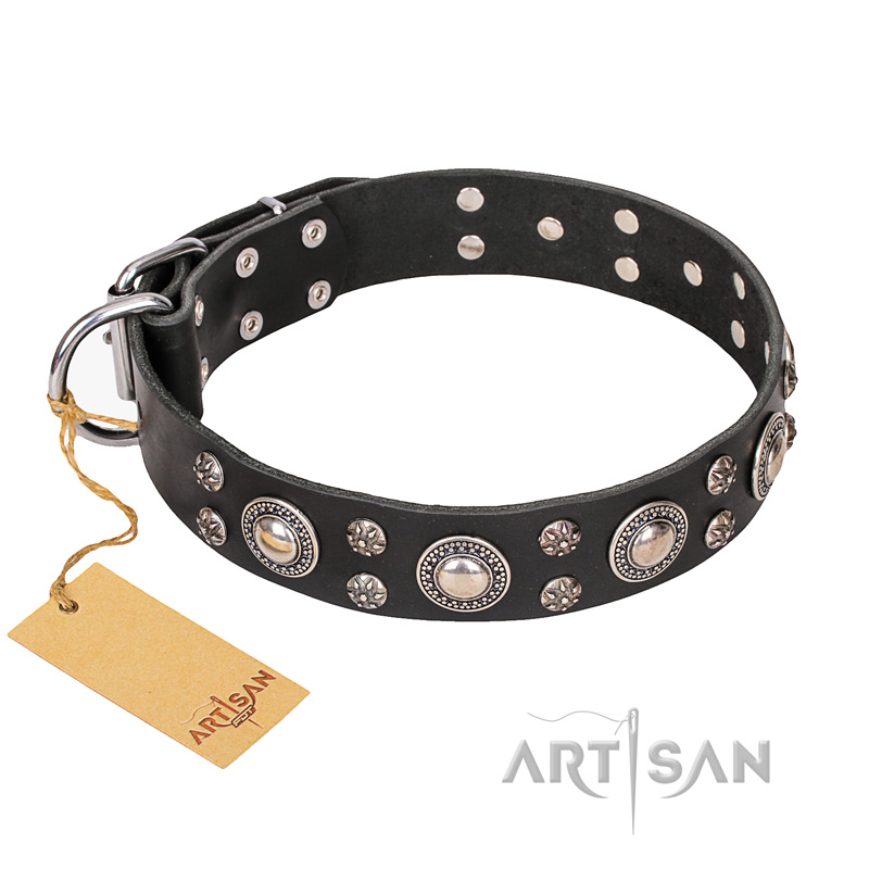 FDT Artisan 'Vintage Necklace' Studded Black Leather Doberman Dog Collar - 1 1/2 inch (40mm) wide