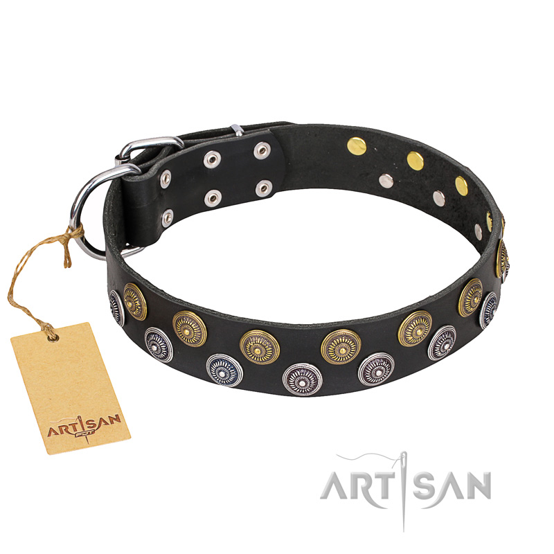 "Romantic Breeze" FDT Artisan Black Leather Doberman Collar for Walking in Style