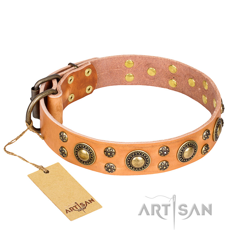 'Sophisticated Glamor' FDT Artisan Doberman Tan Leather Dog Collar with Beautiful Old-Bronze Plated Decorations