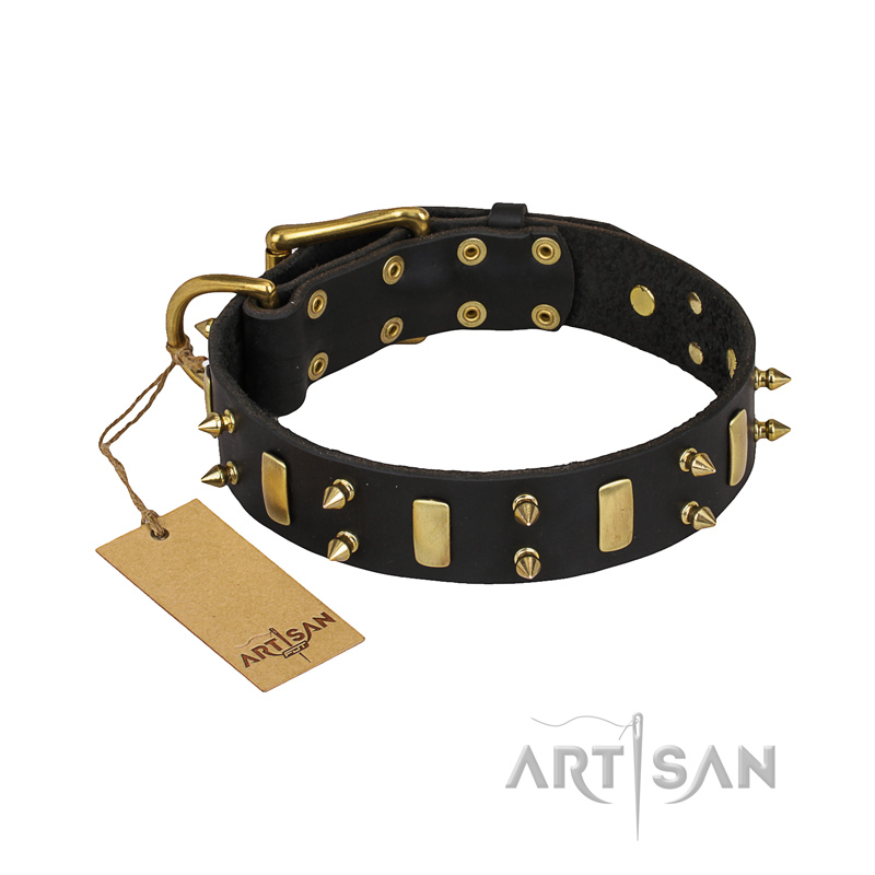 "Medieval Style" FDT Artisan Leather Doberman Collar with Brass Plates and Spikes - Click Image to Close