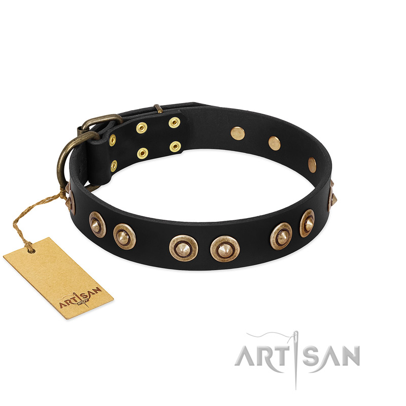 "Golden Artifact" FDT Artisan Black Leather Doberman Collar with Old-bronze Covered Medallions