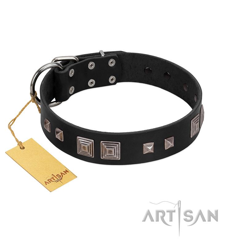 "Foregone Riches" FDT Artisan Black Leather Doberman Collar with Old Silver-like Square Studs and Pyramids