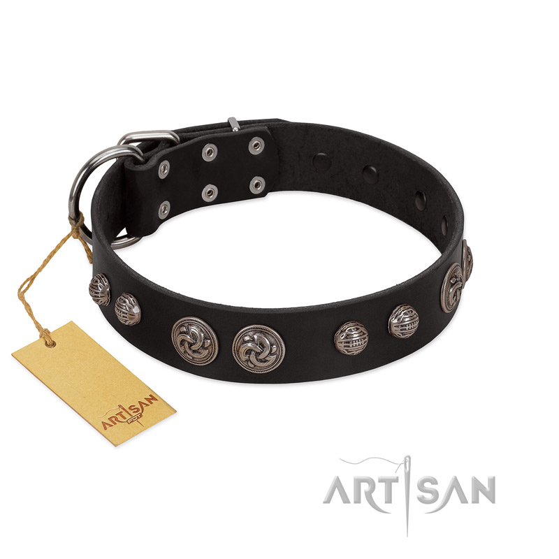 "Tricky Ricky" FDT Artisan Black Leather Doberman Collar Adorned with Silver-Like Conchos - Click Image to Close