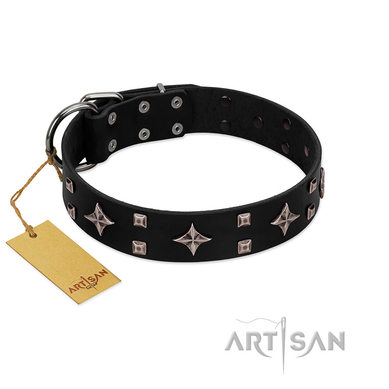 "Snappy Dresser" FDT Artisan Black Leather Doberman Collar Adorned with Stars and Tiny Squares