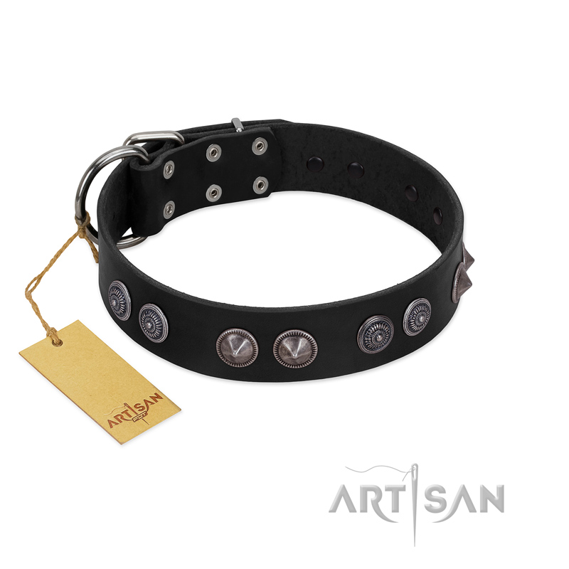 "Silver Medallions" Mod FDT Artisan Black Leather Doberman Collar with Round Plates