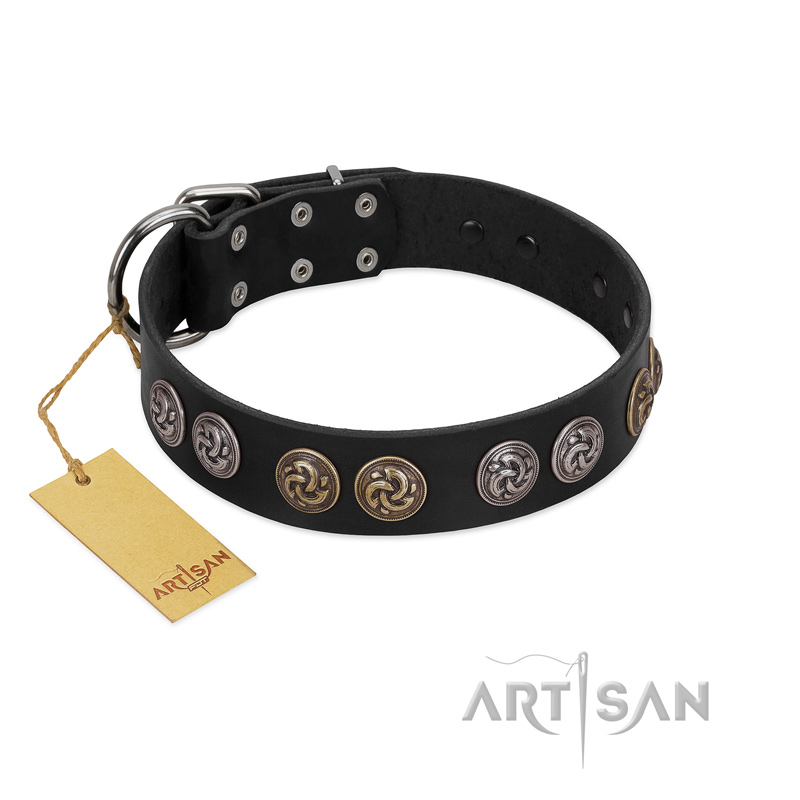 "Mister Exclusive" Designer FDT Artisan Black Leather Doberman Collar with Medallions