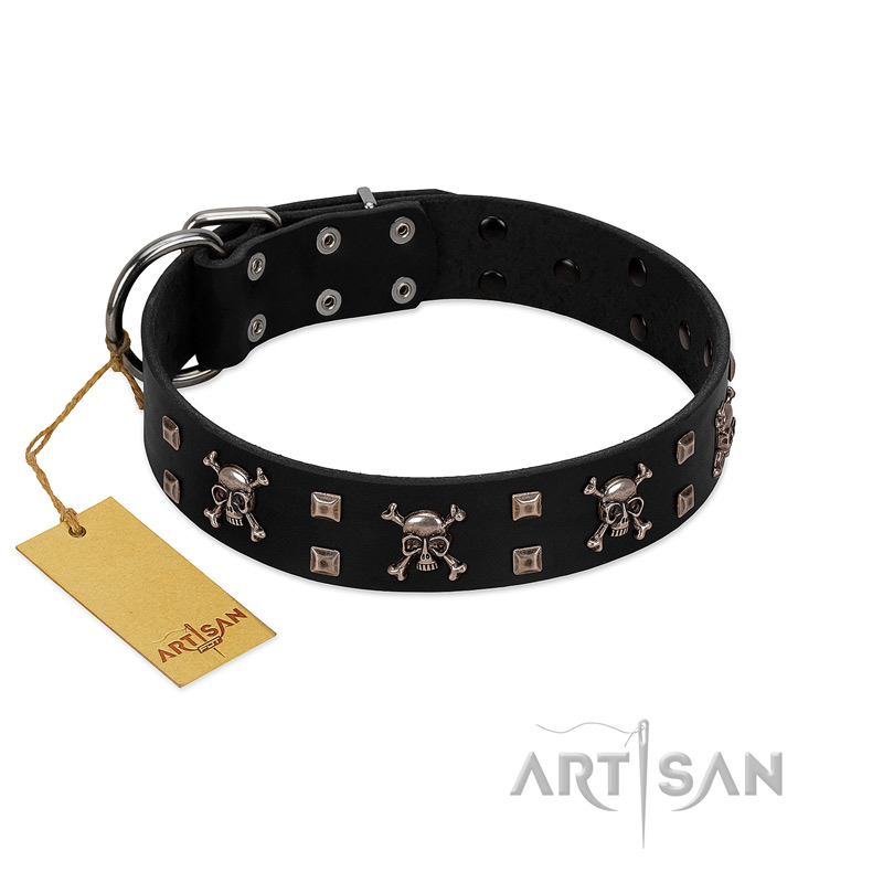 "Black Jack" Stylish Handmade FDT Artisan Black Leather Doberman Collar