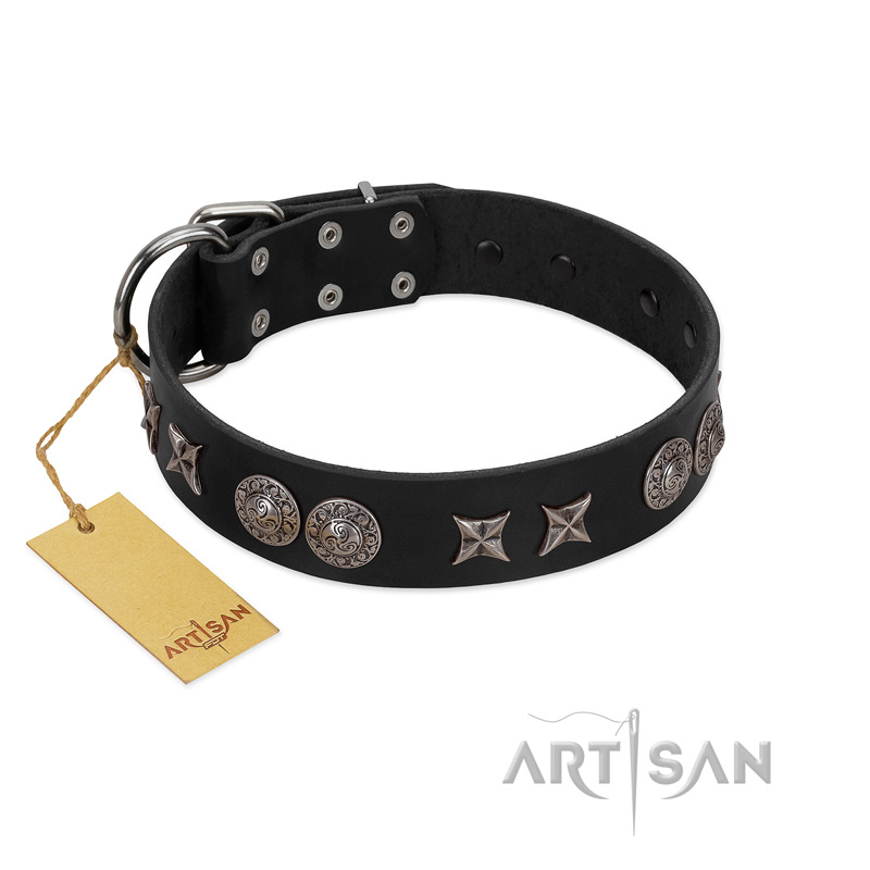 "Scythian Silver" Stylish Handmade FDT Artisan Black Leather Doberman Collar
