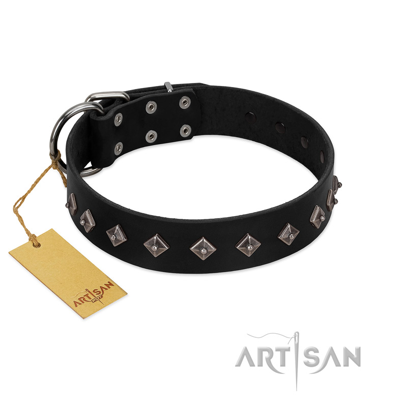 "Immense Power" Handcrafted FDT Artisan Black Leather Doberman Collar with Small Dotted Pyramids