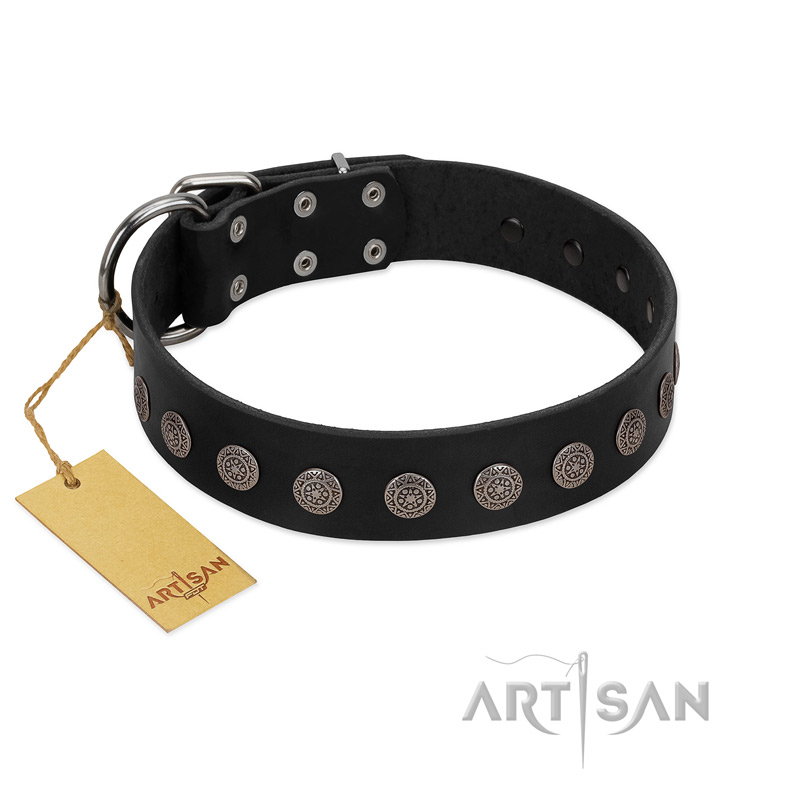 "Silent Star" Handmade FDT Artisan Designer Black Leather Doberman Collar with Engraved Plates