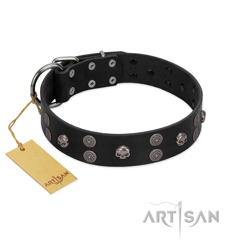 "Skull Art" Designer Handmade FDT Artisan Black Leather Doberman Collar with Skulls