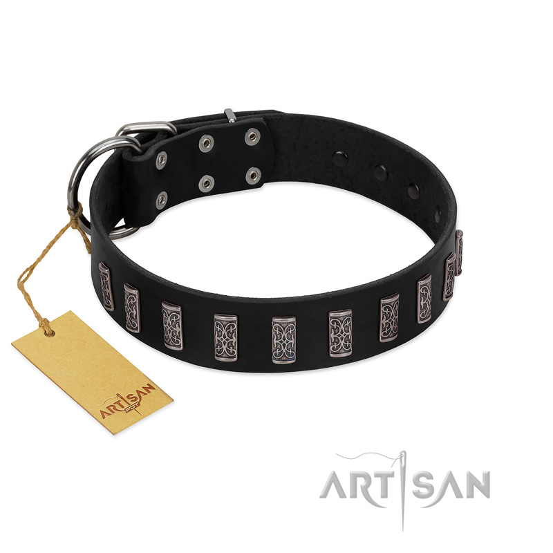 "Black Prince" Handmade FDT Artisan Black Leather Doberman Collar with Silver-Like Adornments