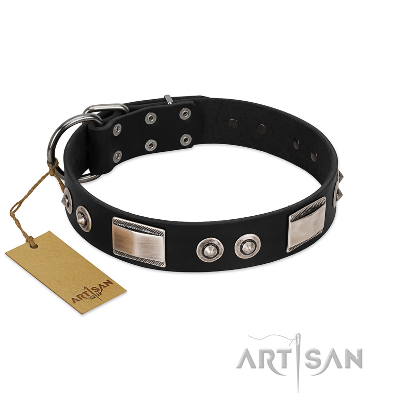 "Grand Wear" FDT Artisan Black Leather Doberman Collar with Shining Plates and Spiked Studs - Click Image to Close