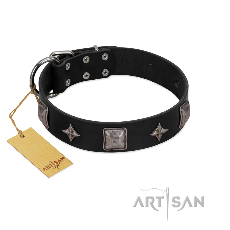 "Black Cavalier" Handmade FDT Artisan Black Leather Doberman Collar with Silver-Like Stars and Large Plates