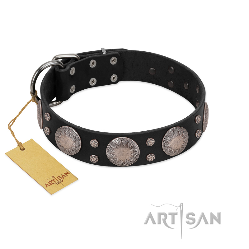 "Starry Sky" Trendy FDT Artisan Black Leather Doberman Collar with Large Brooches