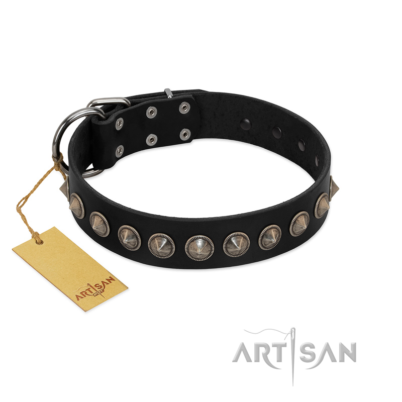 "Black Eagle" Handcrafted FDT Artisan Black Leather Doberman Collar with Silver-Like Adornments
