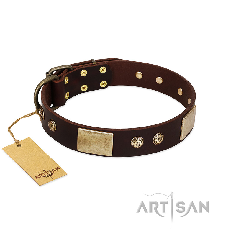 "Middle Age" FDT Artisan Brown Leather Doberman Collar with Old Bronze-Plated Engraved Flowers and Large Plates