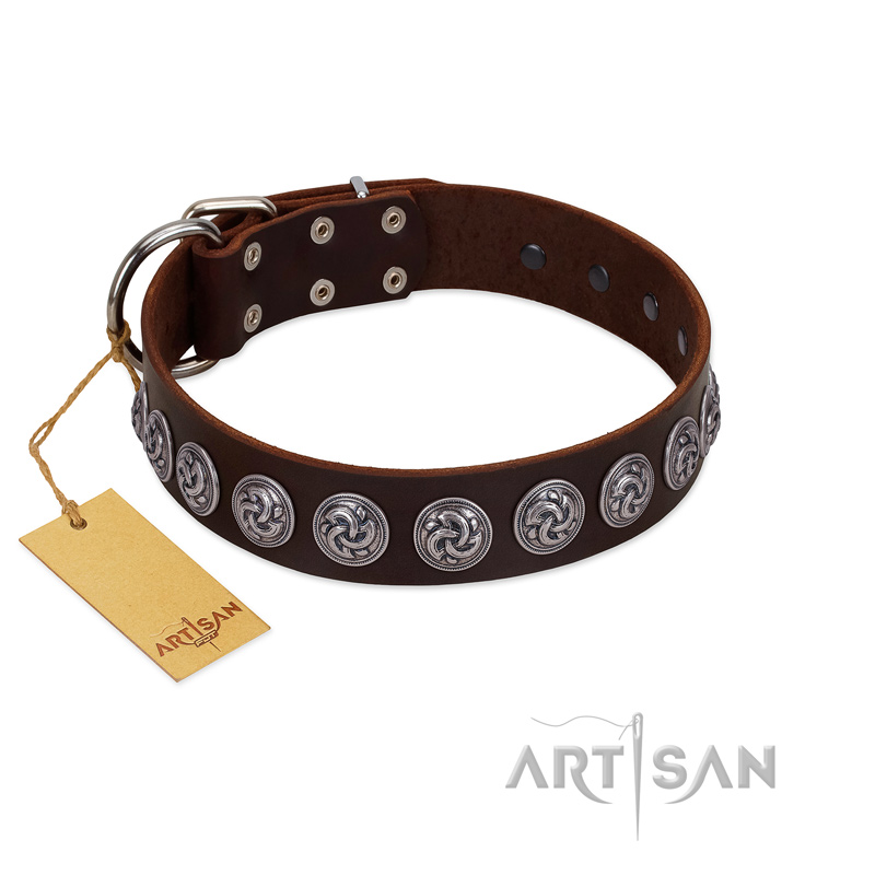 "Charming Circles" FDT Artisan Brown Leather Doberman Collar with Silver-like Studs
