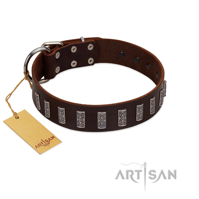 "Brown Lace" Handmade FDT Artisan Brown Leather Doberman Collar for Everyday Walks