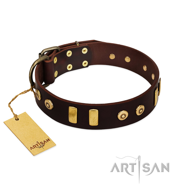 "Lord of Dogs" FDT Artisan Brown Leather Doberman Collar with Old Bronze-like Dotted Studs and Tiles