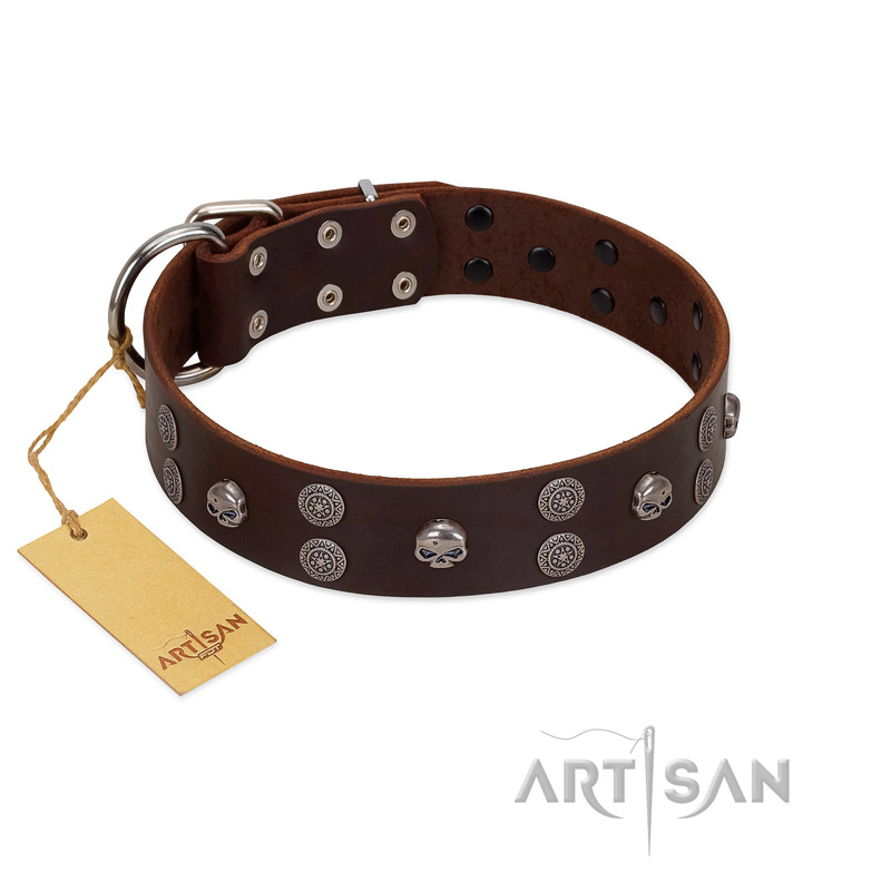 "Skull Valley" Handcrafted FDT Artisan Brown Leather Doberman Collar with Skulls