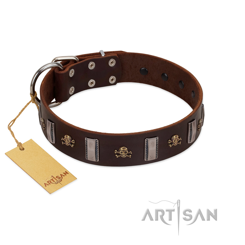 "War Chief" FDT Artisan Genuine Brown Leather Doberman Collar with Skulls and Plates