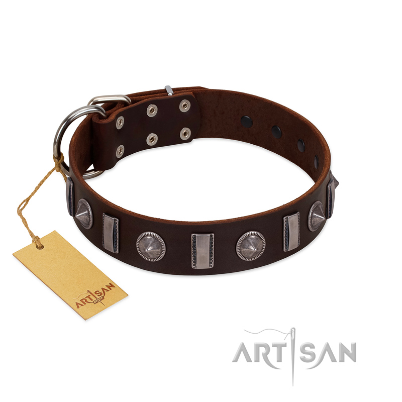 "Spiky Way" FDT Artisan Brown Leather Doberman Collar with Silver-Like Decorations