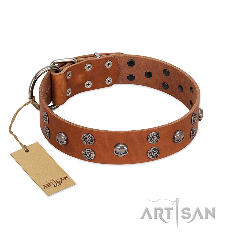 "Road Rider" FDT Artisan Tan Leather Doberman Collar with Old Silver-like Skulls and Medallions