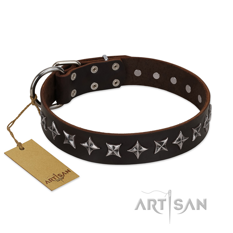 "Stars of Glory" FDT Artisan Brown Leather Doberman Collar for Comfortable Walking