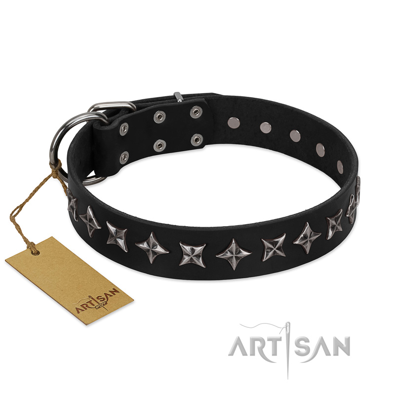 "Lights-out" FDT Artisan Black Leather Doberman Collar with Silver-like Set of Stars
