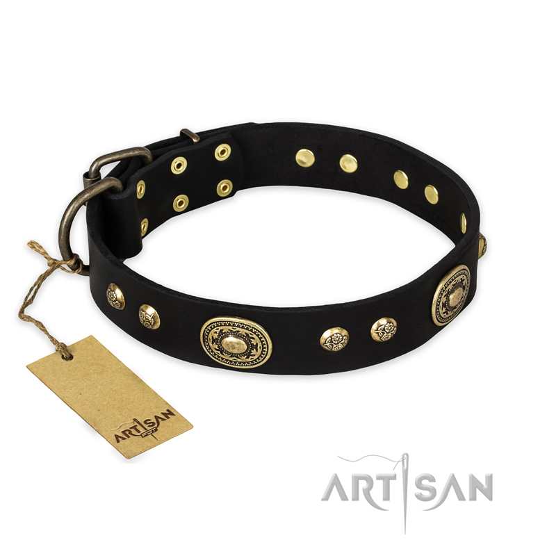 "High Fashion" FDT Artisan Studded with Plates Black Leather Doberman Collar