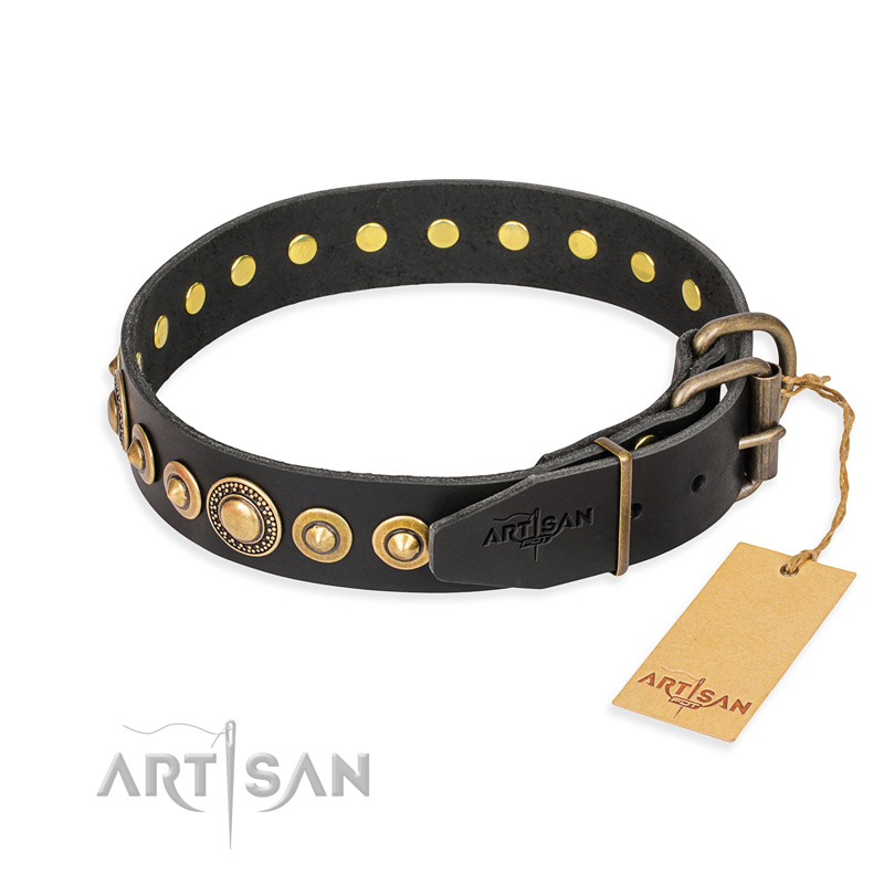 "Gold Mine" FDT Artisan Black Leather Doberman Collar with Amazing Bronze-Plated Round Studs